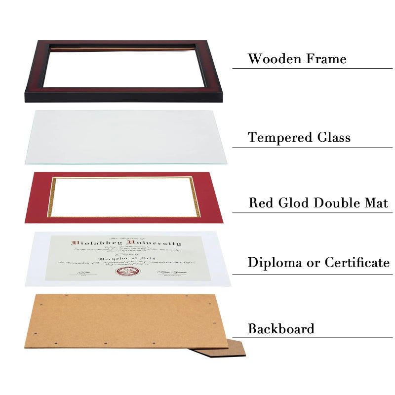 VIOLABBEY 11x14 Diploma Frame with Double Mat for 8.5x11 Documents&Certificates, Smooth Cherry Wood Grain Finish, Wall Mounting&Tabletop Display, Tempered Glass, Red Mat with Gold Rim - Image 5